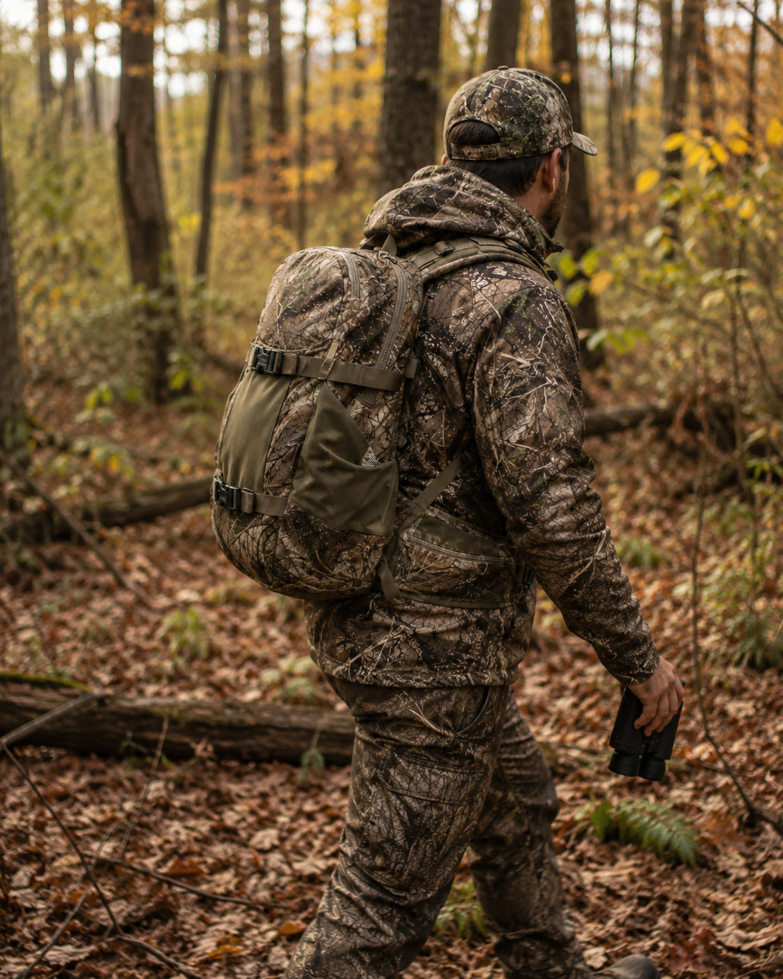 Hiker with a medium-sized camo day pack walking through forest