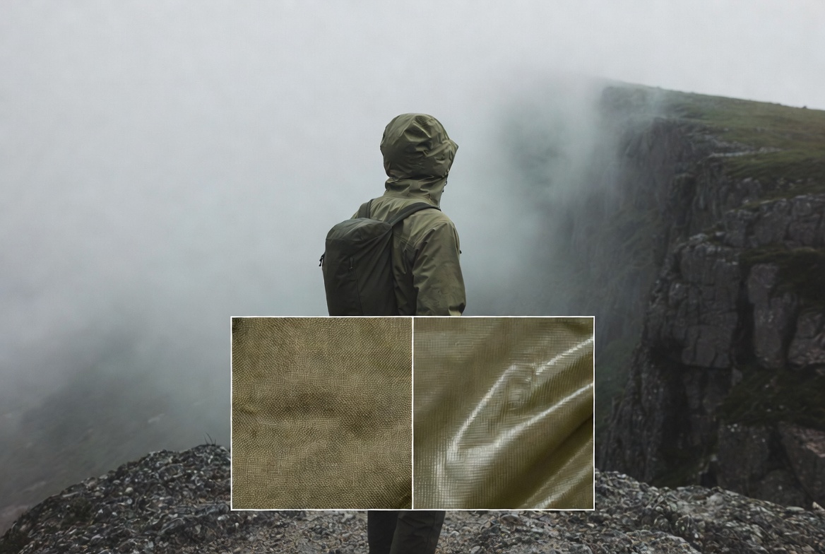 Two rain jackets hanging on hooks outdoors, one bulkier and one slimmer