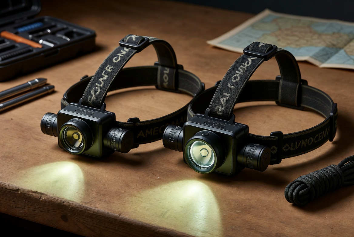 Two compact rechargeable headlamps side by side on a workbench with tools and a camping map