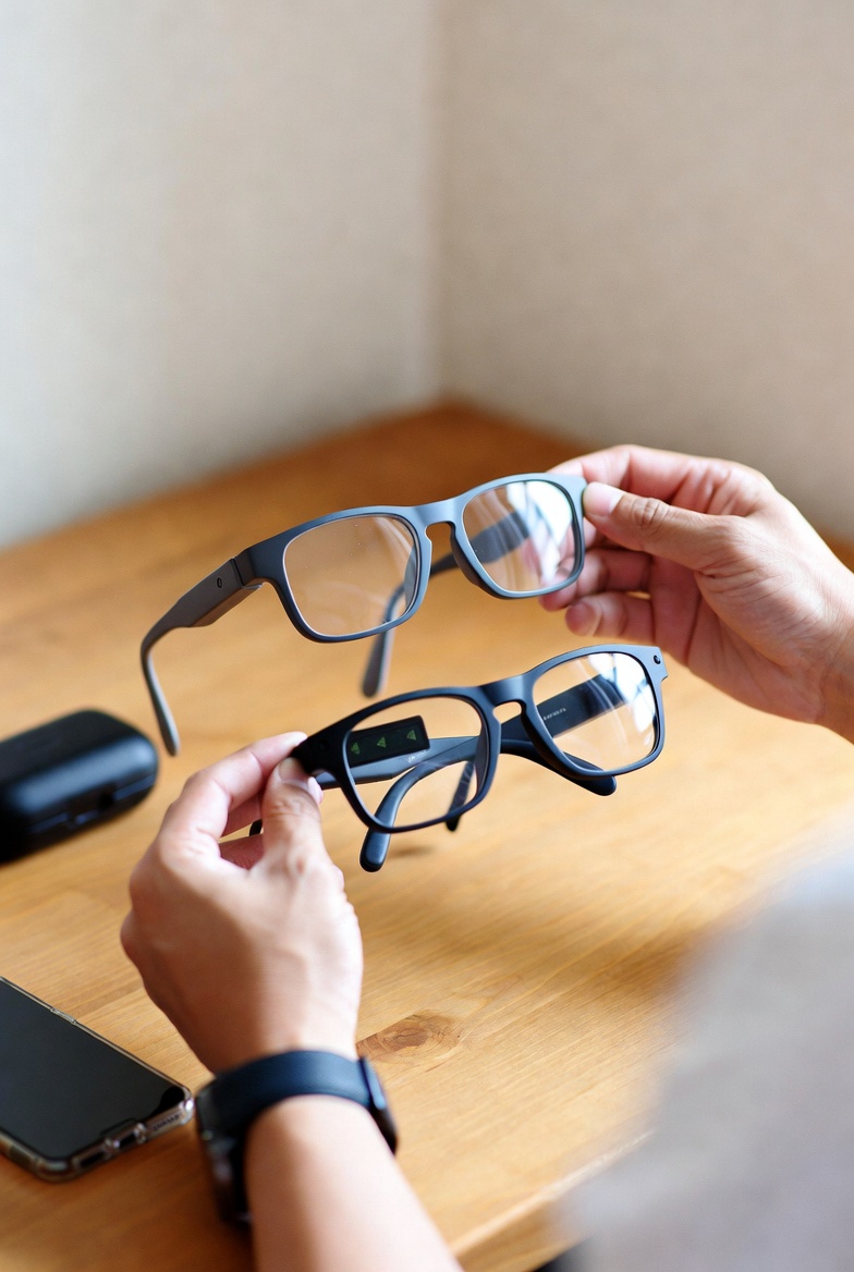 Person wearing smart glasses and checking brief notification
