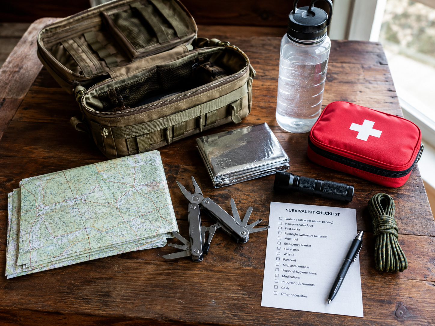 Open survival kit spread on a table with items laid out and a checklist beside it