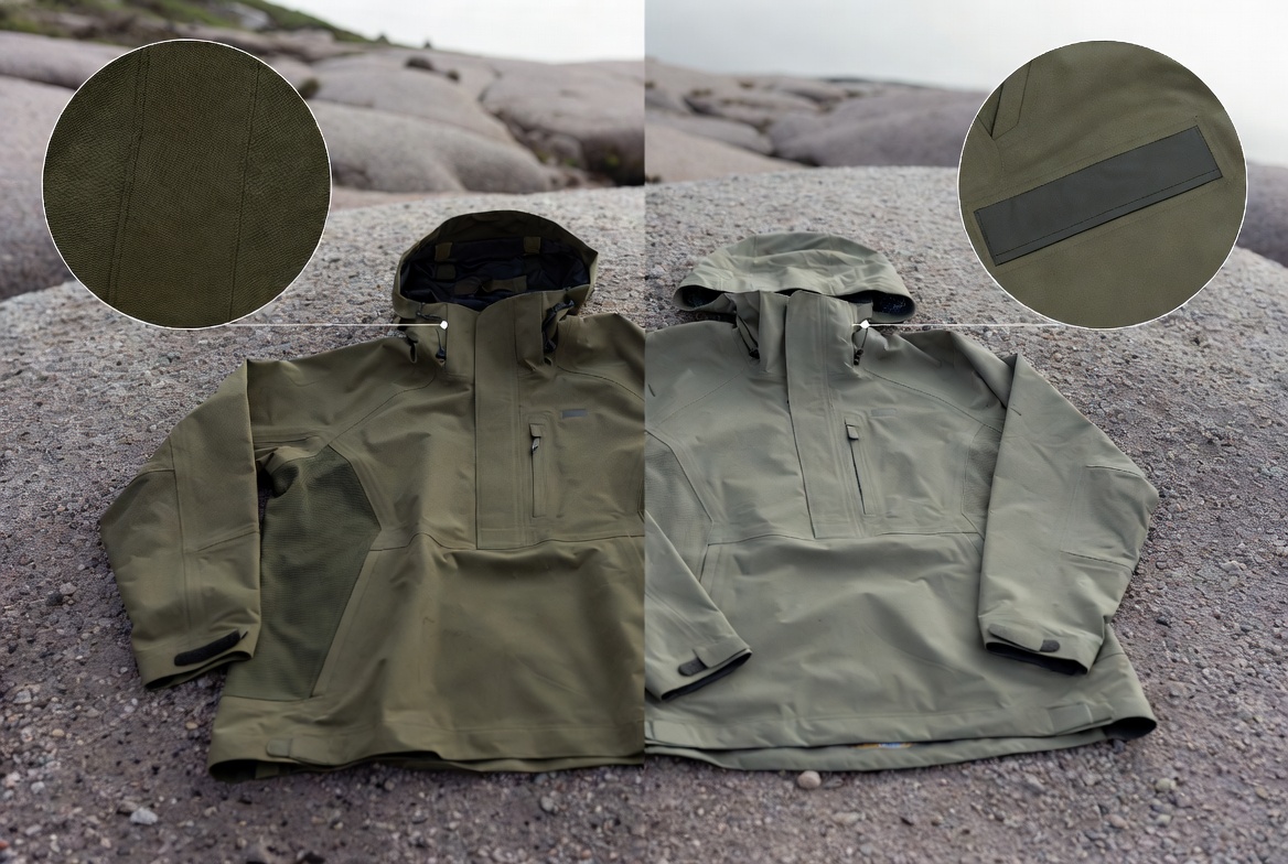 Two rain jackets laid on rock showing fabric close-ups and signs of wear