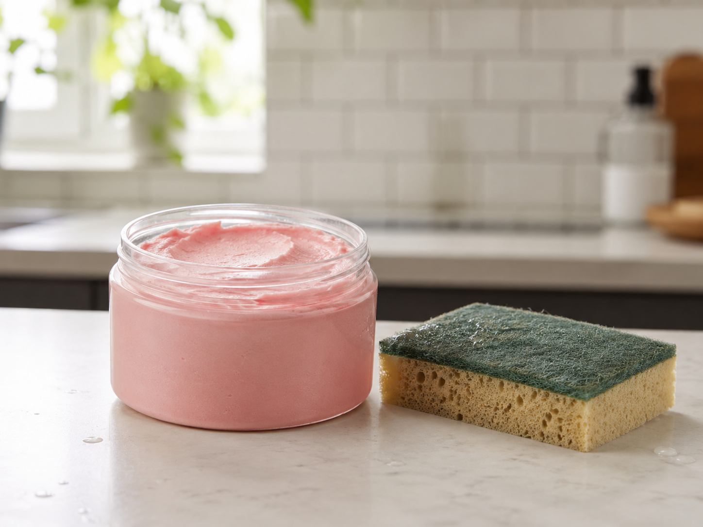 Open tub of pink cleaning paste with a sponge and tiled backsplash