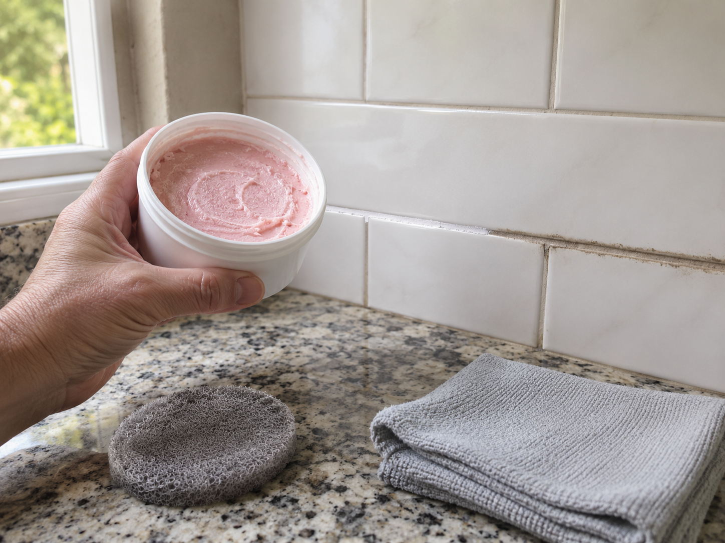 Hand holding a small tub of pink cleaning paste next to a clean tile grout line