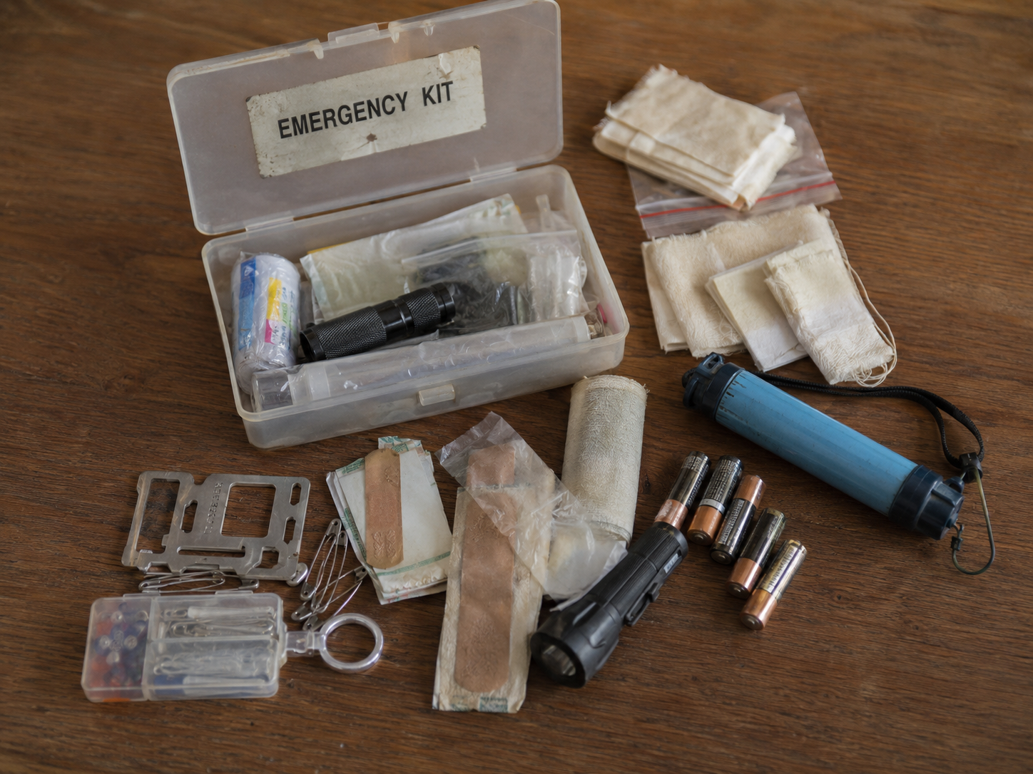 Open survival kit with small fragile items and poorly organized compartments
