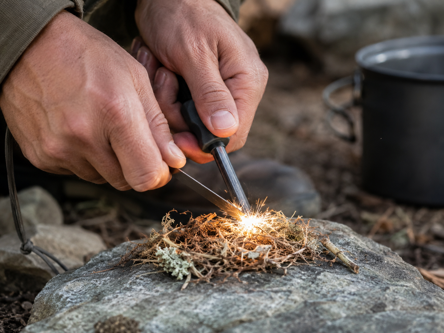 Hand holding a magnesium fire rod and striker over a small pile of tinder outdoors