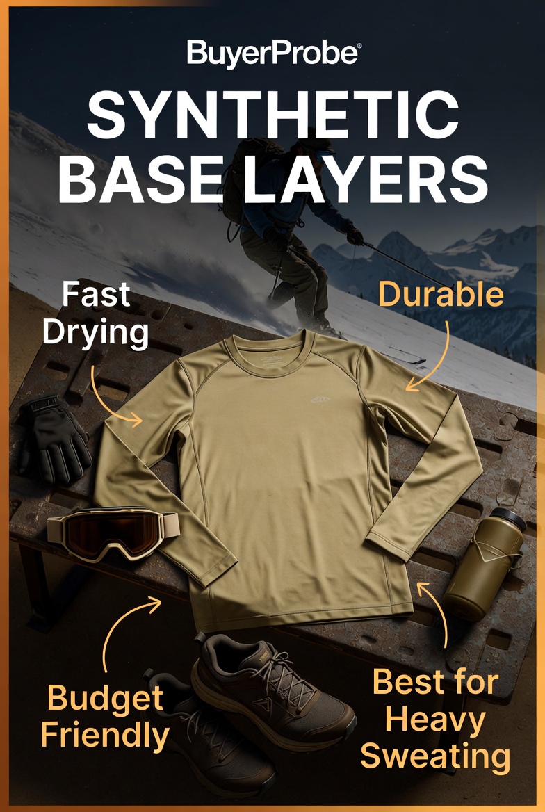 "Editorial product photo of lightweight synthetic base layer top on a gear bench with running gloves, ski goggles, trail shoes, and hydration bottle. Snowy action background of a skier. Labels highlight Fast Drying, Durable, Budget Friendly, and Best for 